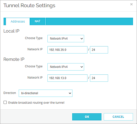 Screen shot of the tunnel route settings